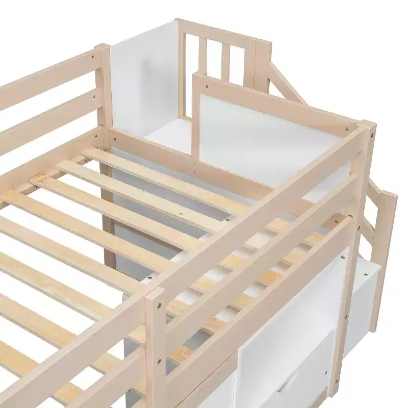 Lit mezzanine bas en bois massif, taille double, avec escalier, tiroir et étagère, design moderne et épuré, 94,6 L x 42,3 l po