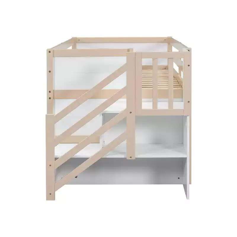Lit mezzanine bas en bois massif, taille double, avec escalier, tiroir et étagère, design moderne et épuré, 94,6 L x 42,3 l po