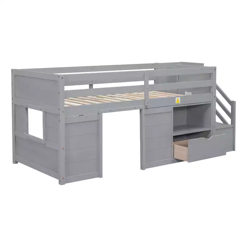 Lit mezzanine bas en bois massif, taille double, avec escalier, tiroir et étagère, design moderne et épuré, 94,6 L x 42,3 l po