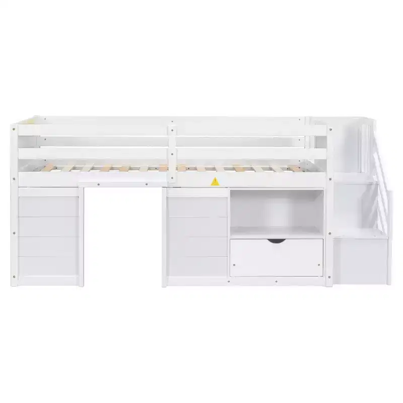 Lit mezzanine bas en bois massif, taille double, avec escalier, tiroir et étagère, design moderne et épuré, 94,6 L x 42,3 l po