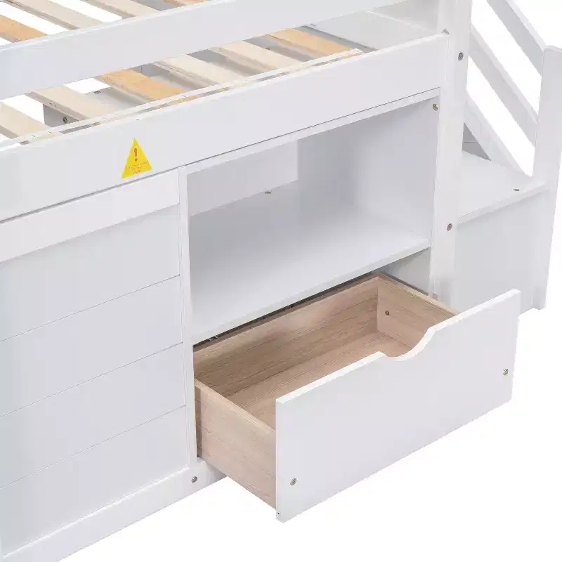Lit mezzanine bas en bois massif, taille double, avec escalier, tiroir et étagère, design moderne et épuré, 94,6 L x 42,3 l po