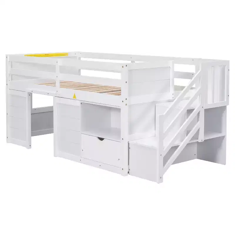 Lit mezzanine bas en bois massif, taille double, avec escalier, tiroir et étagère, design moderne et épuré, 94,6 L x 42,3 l po