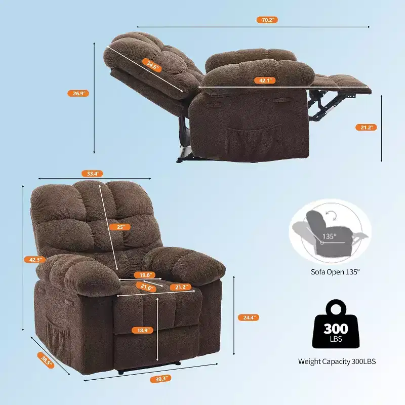 Fauteuil inclinable manuel, fauteuil inclinable ergonomique en tissu respirant avec poches latérales, canapé individuel, adapté au salon et à la chambre à coucher
