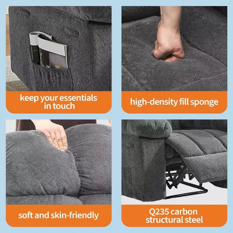 Fauteuil inclinable manuel, fauteuil inclinable ergonomique en tissu respirant avec poches latérales, canapé individuel, adapté au salon et à la chambre à coucher