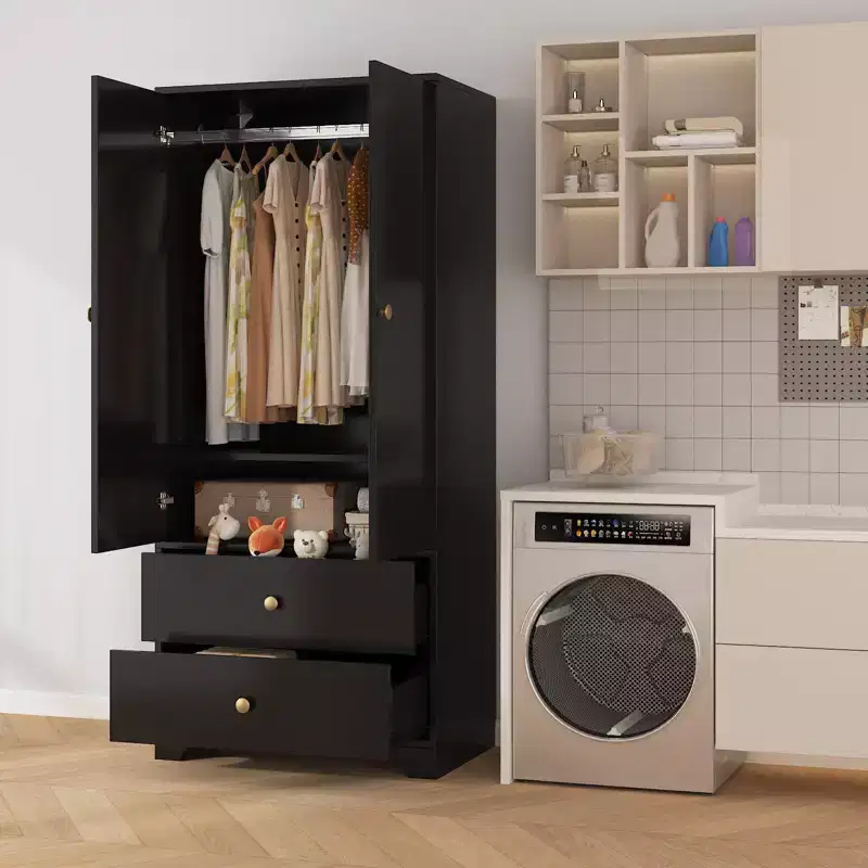 Armoire de chambre moderne en bois de 180 cm avec 2 portes, 2 tiroirs, étagères réglables, armoire de rangement pour vêtements et tringle à vêtements