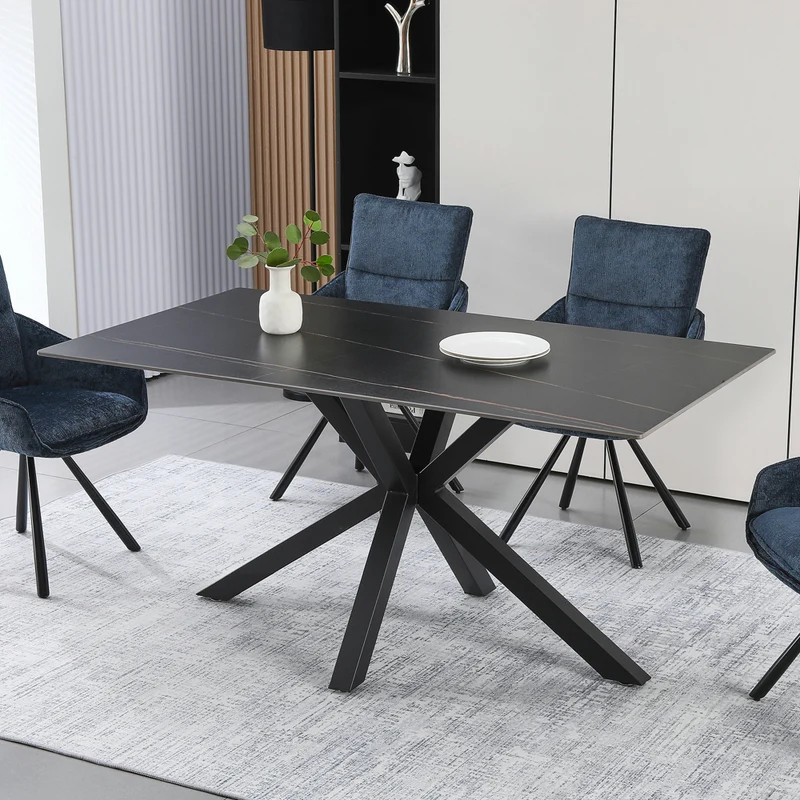 Tavolo da pranzo 160×90 cm in ceramica effetto marmo nero con gambe nere Hunter