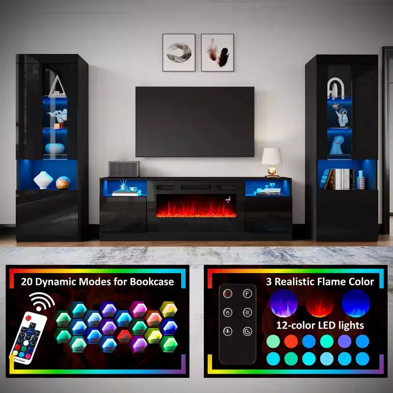 Meuble TV moderne laqué avec cheminée électrique intégrée AMERLIFE