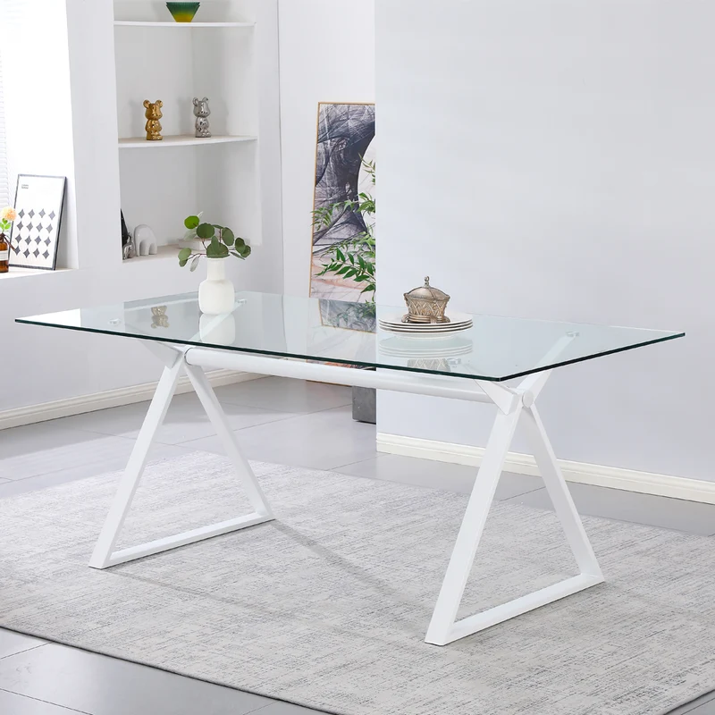 Tavolo da pranzo 150×90 cm in vetro temperato con gambe a cavalletto bianche Skylar