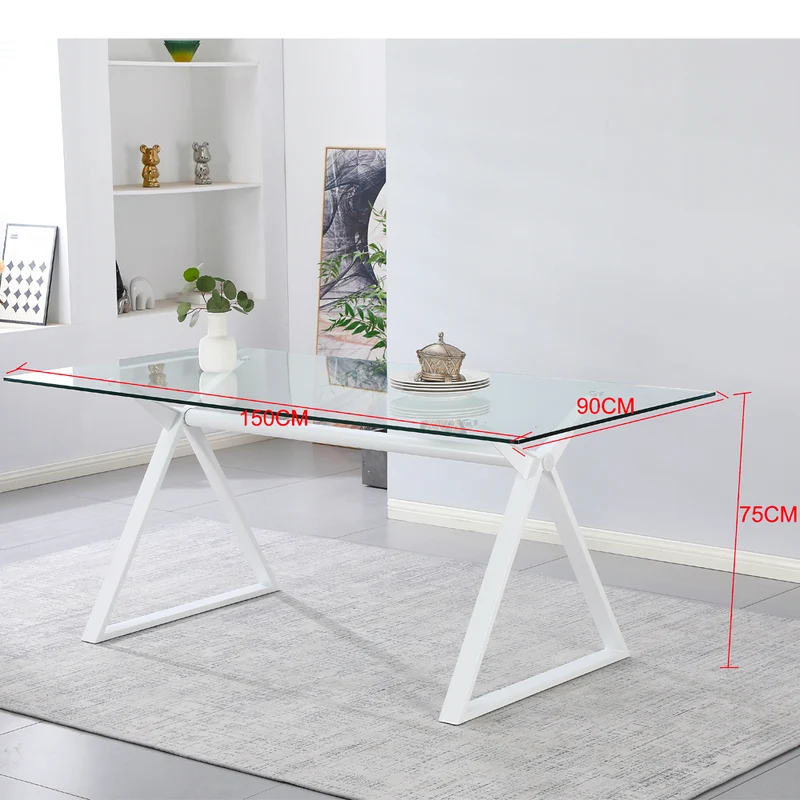 Tavolo da pranzo 150×90 cm in vetro temperato con gambe a cavalletto bianche Skylar