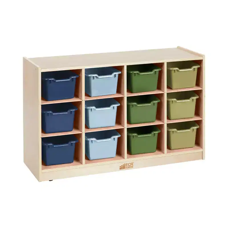 Meuble de rangement à roulettes Cubby avec 15 bacs à ouverture frontale, 3x4, Meuble pour enfants