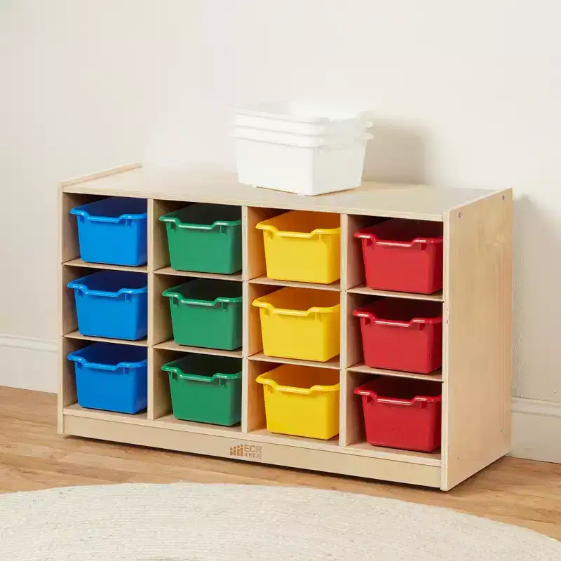 Meuble de rangement à roulettes Cubby avec 15 bacs à ouverture frontale, 3x4, Meuble pour enfants