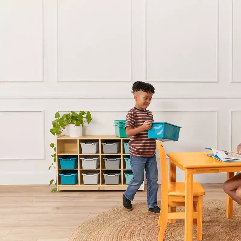 Meuble de rangement à roulettes Cubby avec 15 bacs à ouverture frontale, 3x4, Meuble pour enfants