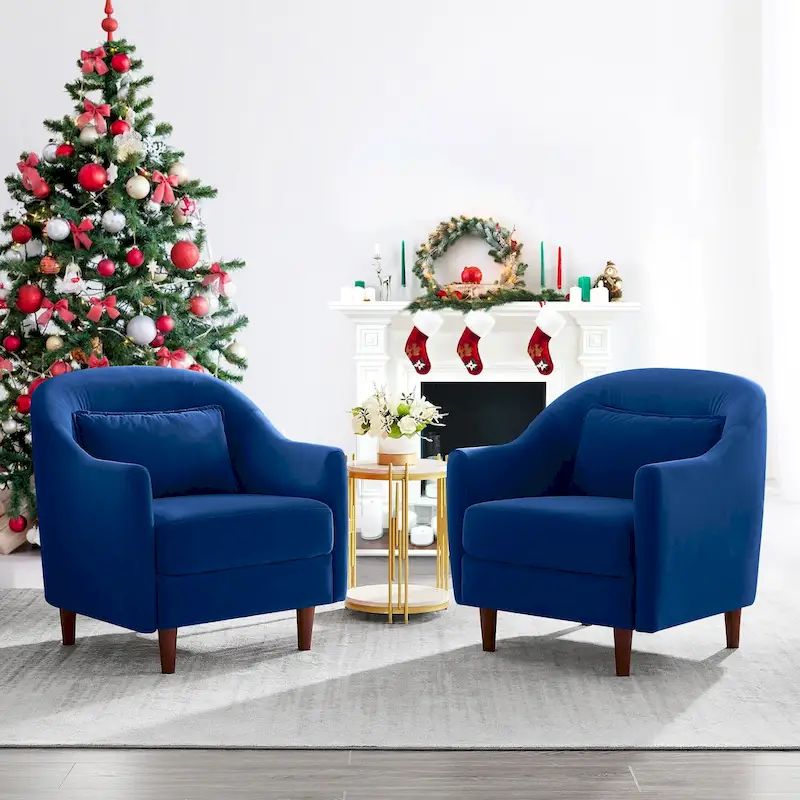 28.34W Lot de 2 fauteuils d'appoint, fauteuil barillet en velours avec pieds en bois massif