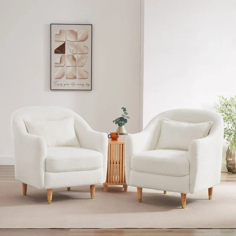 28.34W Lot de 2 fauteuils d'appoint, fauteuil barillet en velours avec pieds en bois massif
