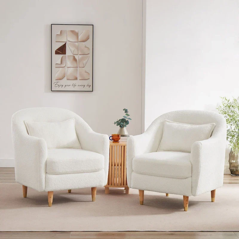 28.34W Lot de 2 fauteuils d'appoint, fauteuil barillet en velours avec pieds en bois massif