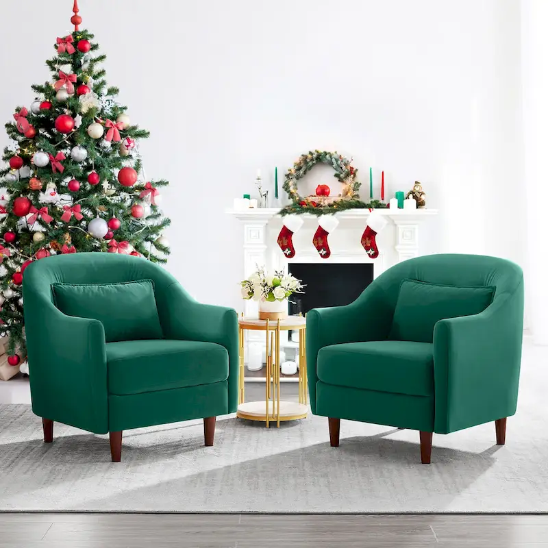 28.34W Lot de 2 fauteuils d'appoint, fauteuil barillet en velours avec pieds en bois massif