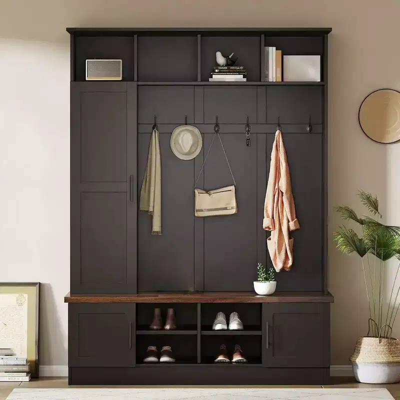 Meuble d'entrée avec banc à chaussures, porte-manteau multifonctionnel avec 6 crochets, porte-manteau de couloir en bois avec rangement à chaussures pour entrée ou salon