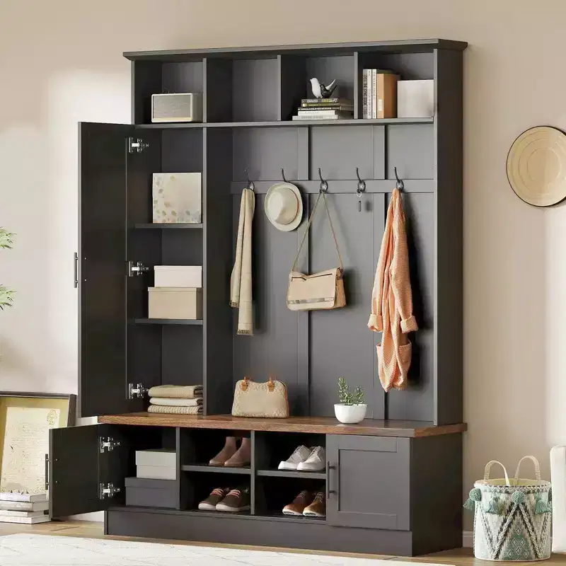 Meuble d'entrée avec banc à chaussures, porte-manteau multifonctionnel avec 6 crochets, porte-manteau de couloir en bois avec rangement à chaussures pour entrée ou salon