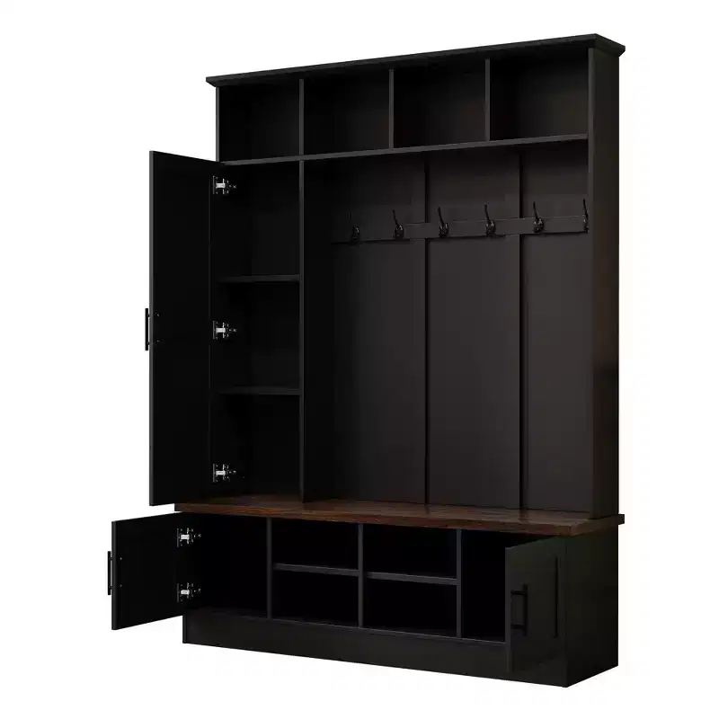 Meuble d'entrée avec banc à chaussures, porte-manteau multifonctionnel avec 6 crochets, porte-manteau de couloir en bois avec rangement à chaussures pour entrée ou salon