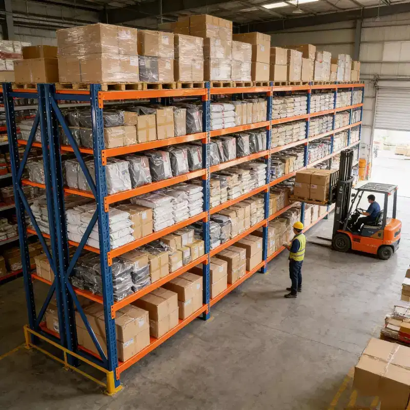 Étagères de garage robustes VIYET, rayonnage métallique réglable à 4 niveaux d'une capacité de 2000 kg, rangement industriel bleu et orange pour magasin/outils/salle de sport.