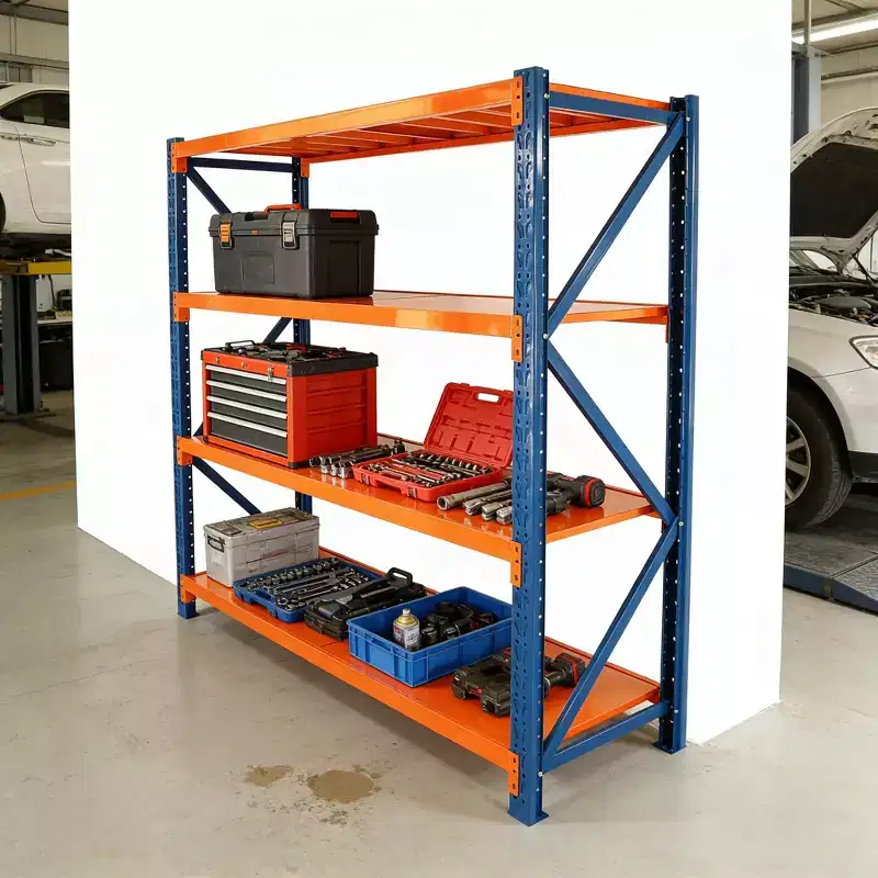 Étagères de garage robustes VIYET, rayonnage métallique réglable à 4 niveaux d'une capacité de 2000 kg, rangement industriel bleu et orange pour magasin/outils/salle de sport.