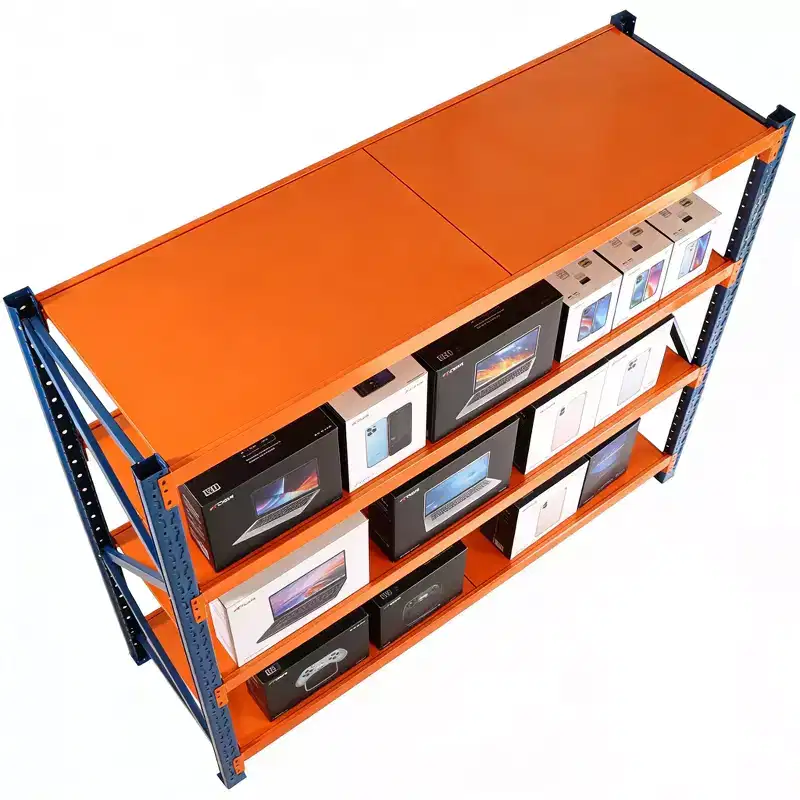 Étagères de garage robustes VIYET, rayonnage métallique réglable à 4 niveaux d'une capacité de 2000 kg, rangement industriel bleu et orange pour magasin/outils/salle de sport.