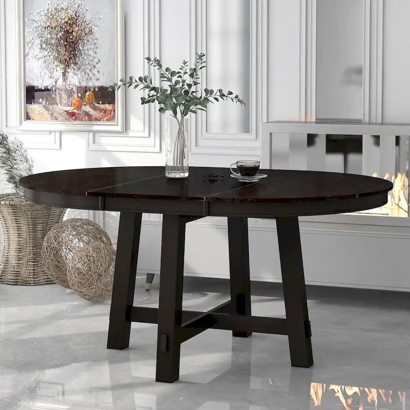 Table de salle à manger ronde extensible de style ferme avec 16 rallonges en bois