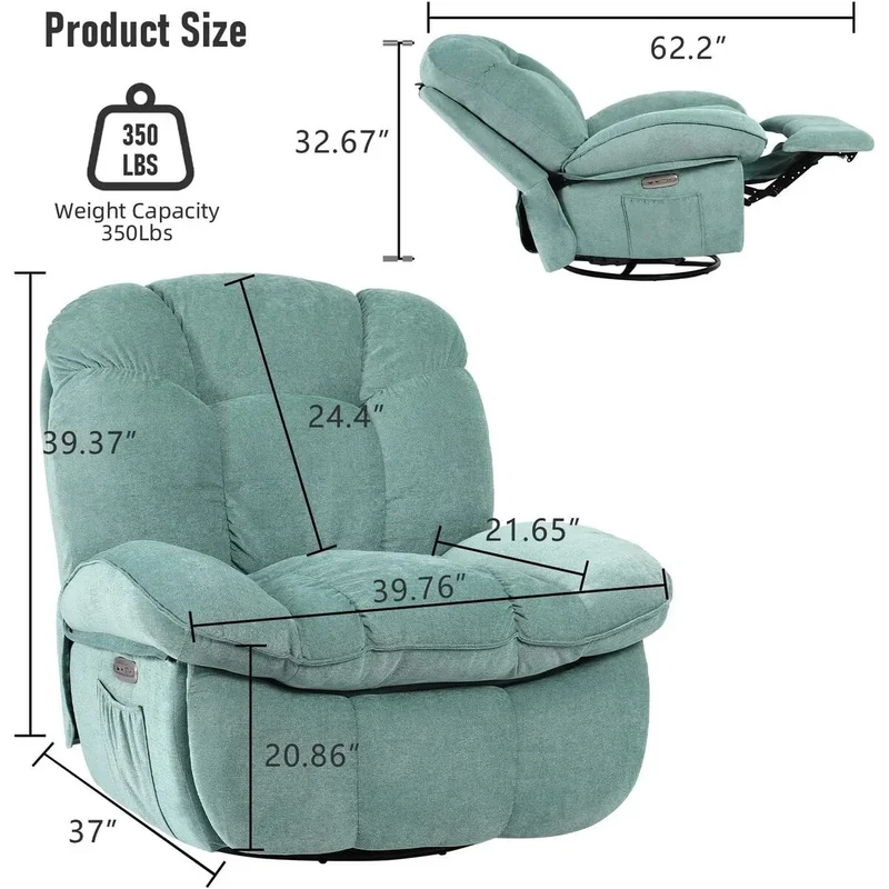 Fauteuil inclinable pivotant XINMICS, Fauteuils inclinables à bascule de massage avec fonction chauffante, ports USB, USB-C et pochette latérale