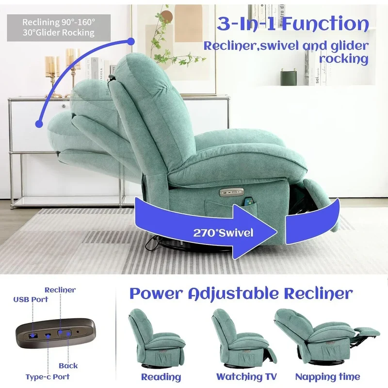 Fauteuil inclinable pivotant XINMICS, Fauteuils inclinables à bascule de massage avec fonction chauffante, ports USB, USB-C et pochette latérale