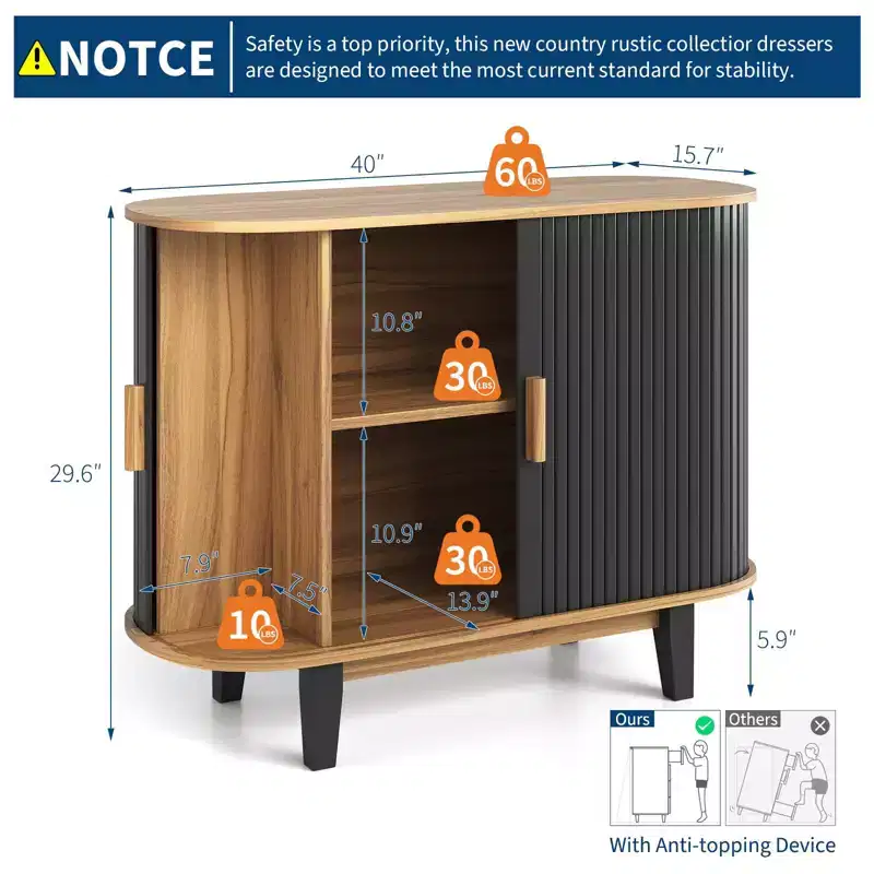 Bahut cannelé de 101,6 cm, Armoire de rangement avec porte coulissante et étagère réglable, Desserte de rangement moderne, Table console de bar à rideaux