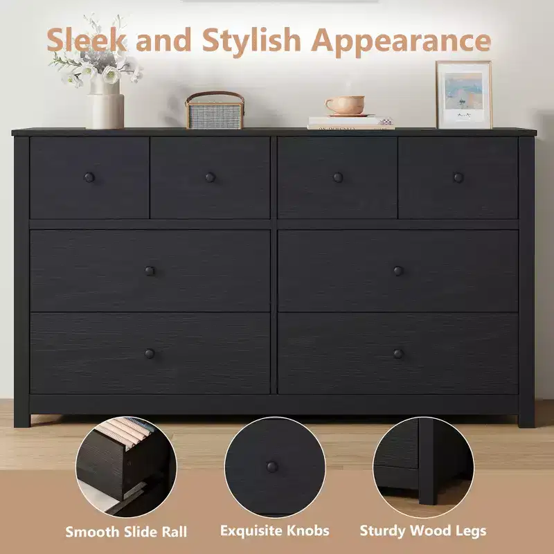 Commode moderne à 8 tiroirs pour chambre à coucher, grande commode en bois avec tiroirs profonds, meuble de rangement autonome pour salon