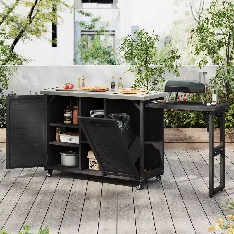 Îlot de cuisine extérieure de 198,9 cm avec comptoir en acier inoxydable, station de barbecue pliable et armoires de rangement, noir