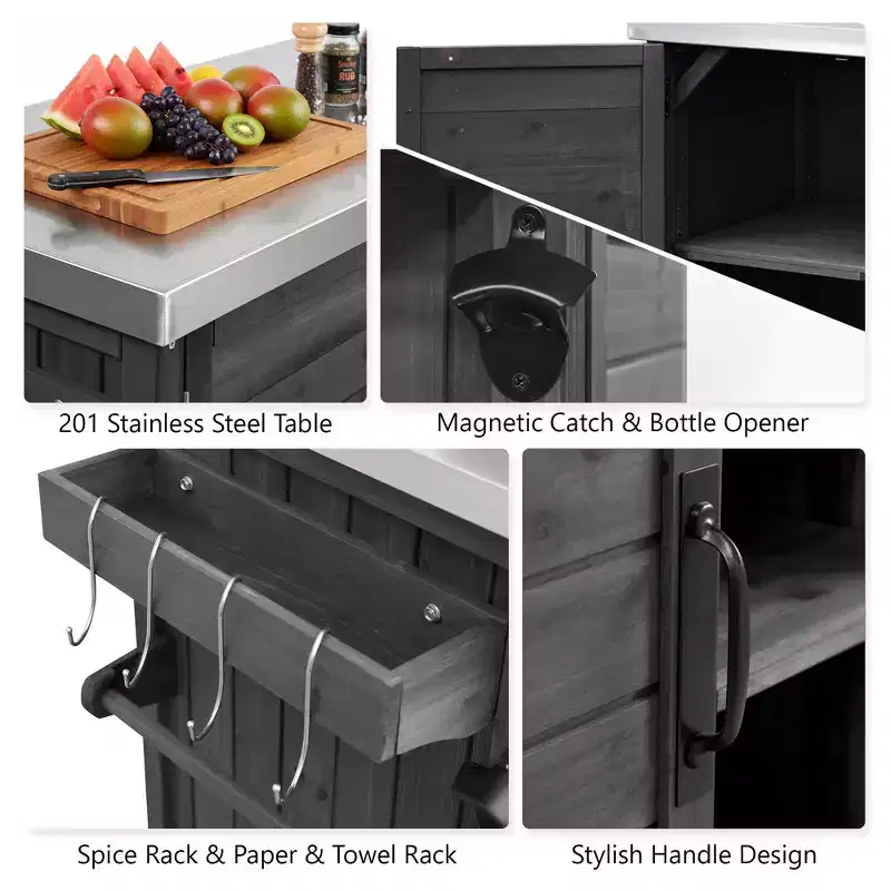 Îlot de cuisine extérieure de 198,9 cm avec comptoir en acier inoxydable, station de barbecue pliable et armoires de rangement, noir