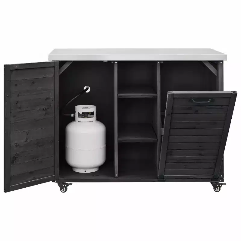 Îlot de cuisine extérieure de 198,9 cm avec comptoir en acier inoxydable, station de barbecue pliable et armoires de rangement, noir