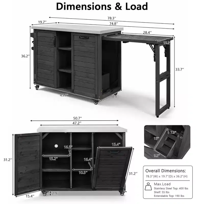 Îlot de cuisine extérieure de 198,9 cm avec comptoir en acier inoxydable, station de barbecue pliable et armoires de rangement, noir