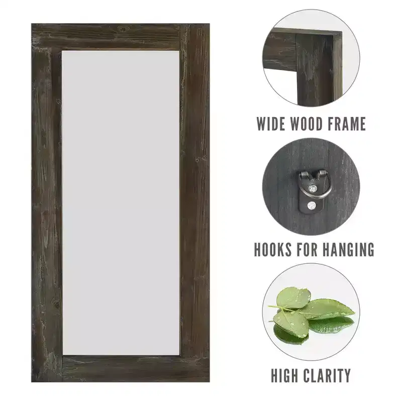 Miroir pleine longueur mural rectangulaire en bois massif marron 71x31 pouces, d'occasion, sans support de fixation