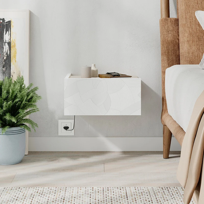 Comodino sospeso con cassetto e luci integrate 40 cm bianco e cashmere Onda