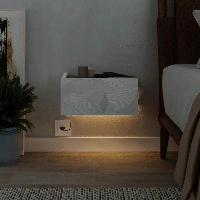 Comodino sospeso con cassetto e luci integrate 40 cm bianco e cashmere Onda