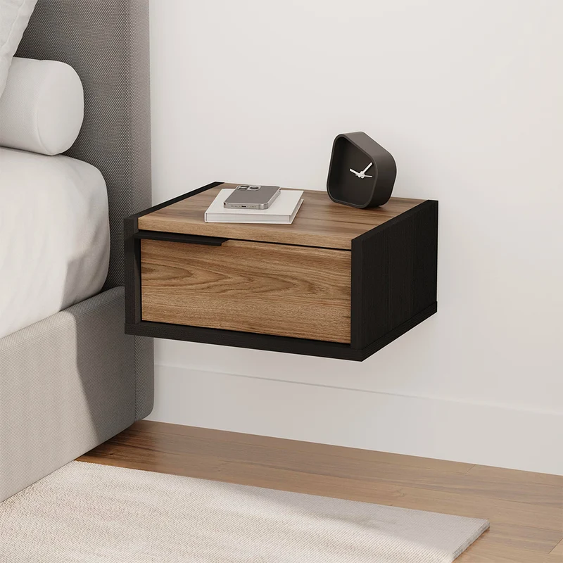 Comodino sospeso con cassetto 40 cm nero e rovere oud con maniglia reversibile Eco