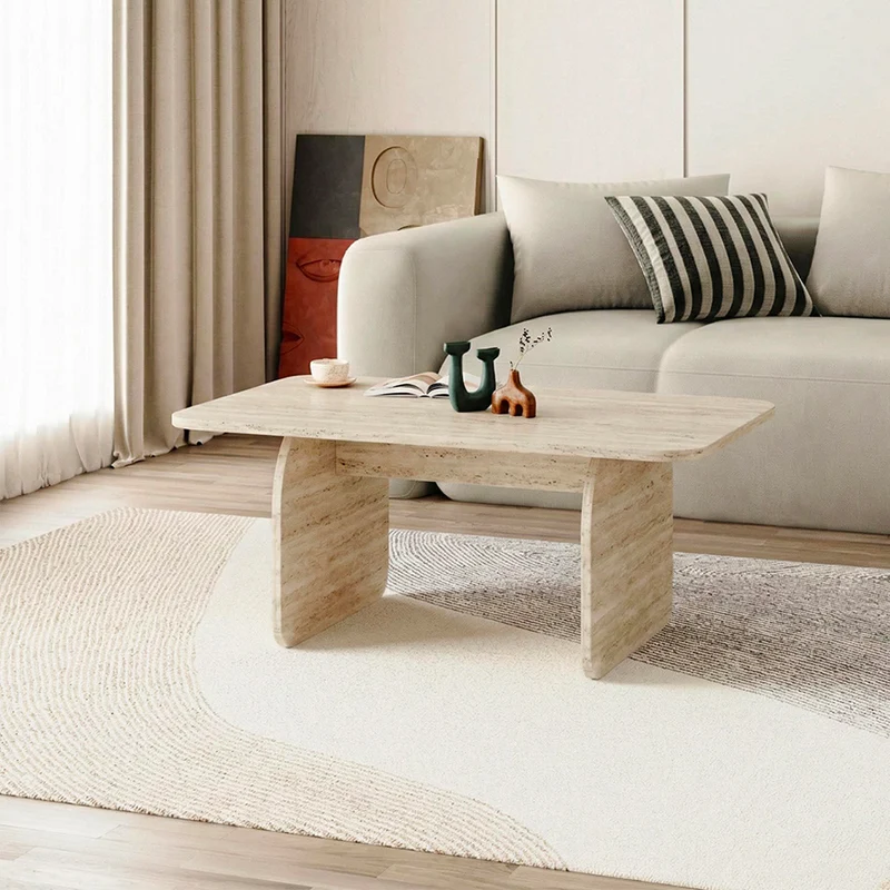 Tavolino da salotto 100x60 cm colore travertino con gambe a pannello e bordi arrotondati Pietra