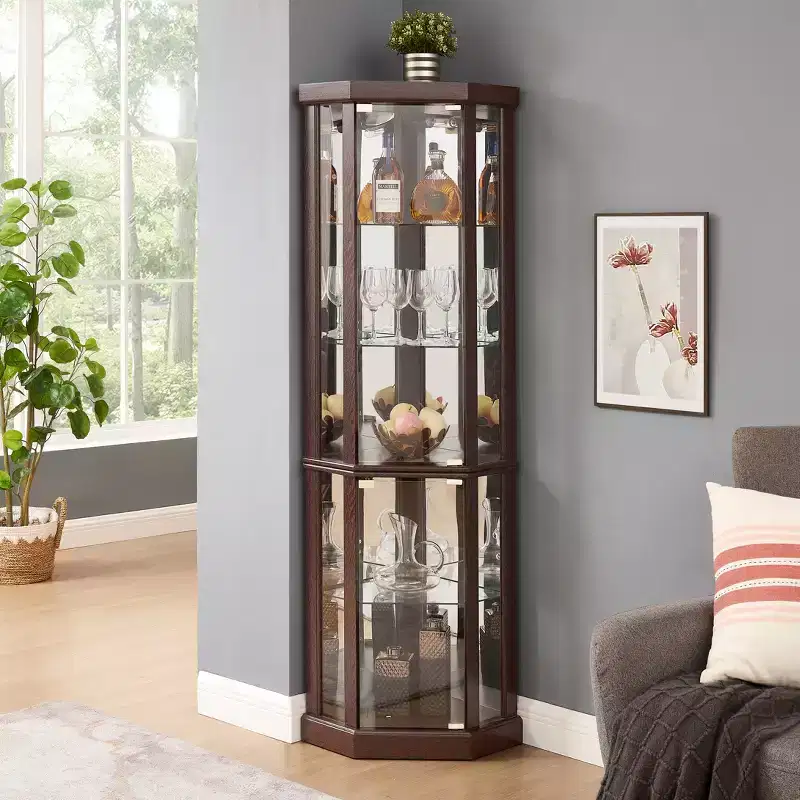 Vitrine d'angle avec portes et étagères en verre, Meuble de présentation d'angle pour salon
