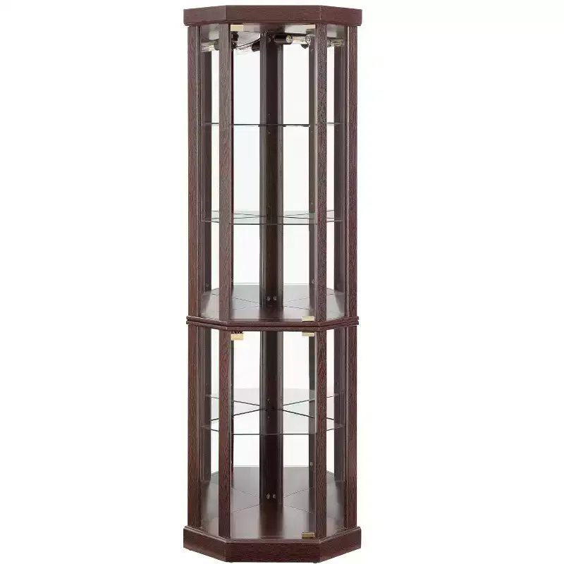 Vitrine d'angle avec portes et étagères en verre, Meuble de présentation d'angle pour salon