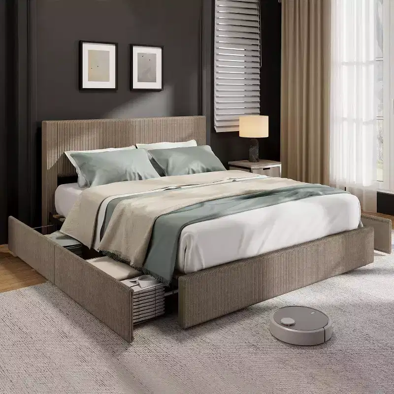 CuisinSmart Cadre de lit en velours côtelé avec tête de lit, cadre de lit rembourré avec plateforme, 4 tiroirs de rangement et support à lattes en bois