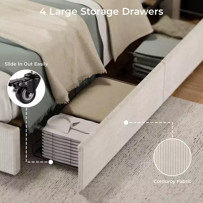 CuisinSmart Cadre de lit en velours côtelé avec tête de lit, cadre de lit rembourré avec plateforme, 4 tiroirs de rangement et support à lattes en bois