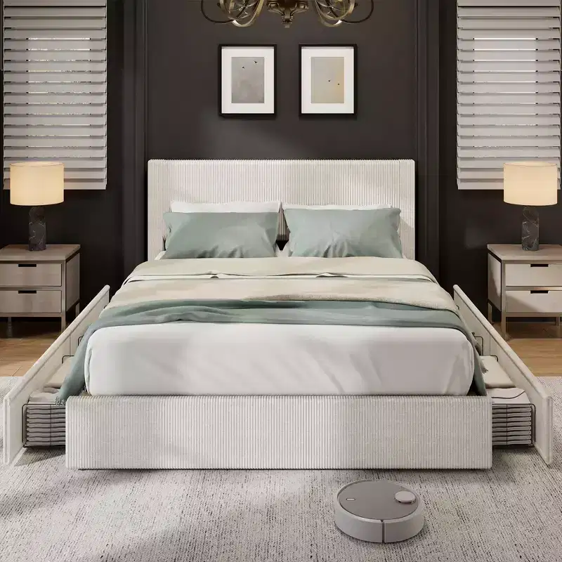 CuisinSmart Cadre de lit en velours côtelé avec tête de lit, cadre de lit rembourré avec plateforme, 4 tiroirs de rangement et support à lattes en bois