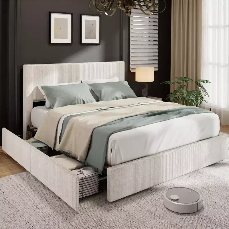 CuisinSmart Cadre de lit en velours côtelé avec tête de lit, cadre de lit rembourré avec plateforme, 4 tiroirs de rangement et support à lattes en bois