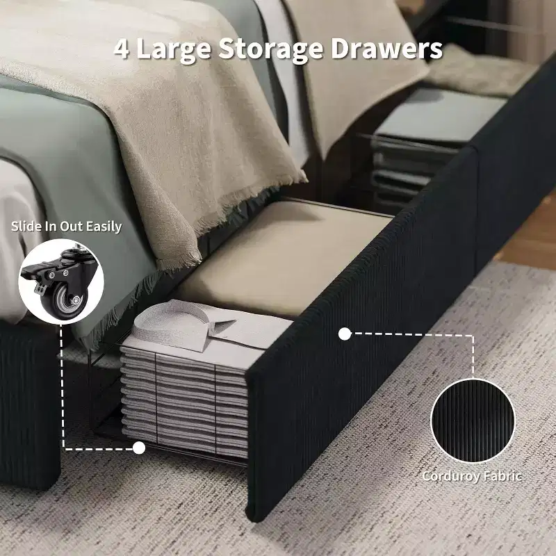 CuisinSmart Cadre de lit en velours côtelé avec tête de lit, cadre de lit rembourré avec plateforme, 4 tiroirs de rangement et support à lattes en bois