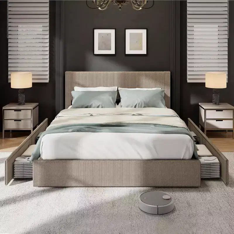 CuisinSmart Cadre de lit en velours côtelé avec tête de lit, cadre de lit rembourré avec plateforme, 4 tiroirs de rangement et support à lattes en bois