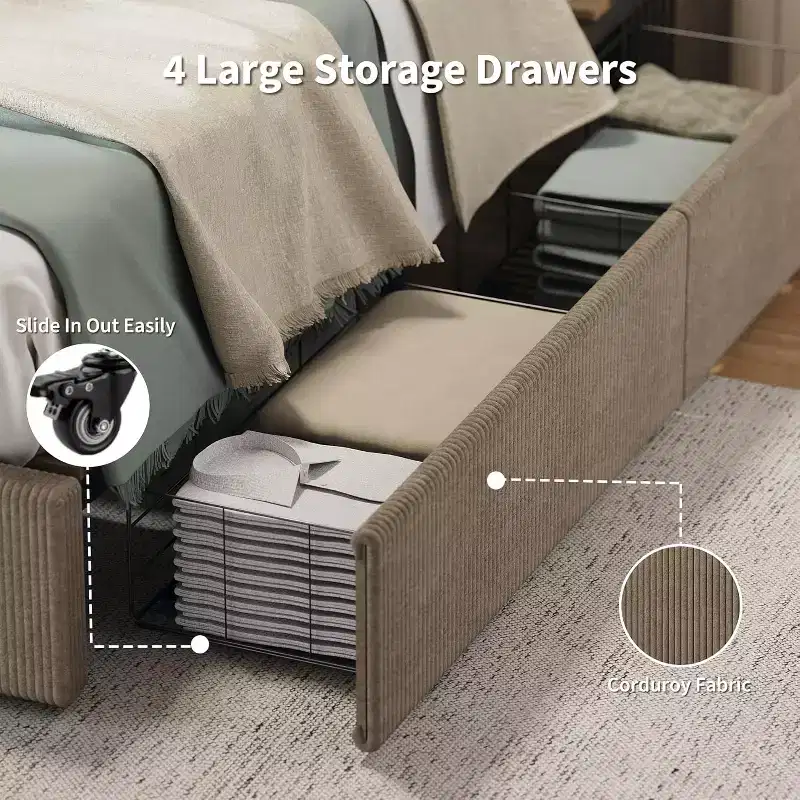 CuisinSmart Cadre de lit en velours côtelé avec tête de lit, cadre de lit rembourré avec plateforme, 4 tiroirs de rangement et support à lattes en bois