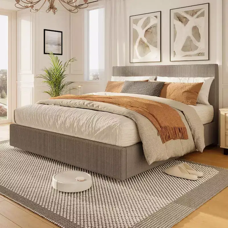 CuisinSmart Cadre de lit en velours côtelé avec tête de lit, cadre de lit rembourré avec plateforme, 4 tiroirs de rangement et support à lattes en bois